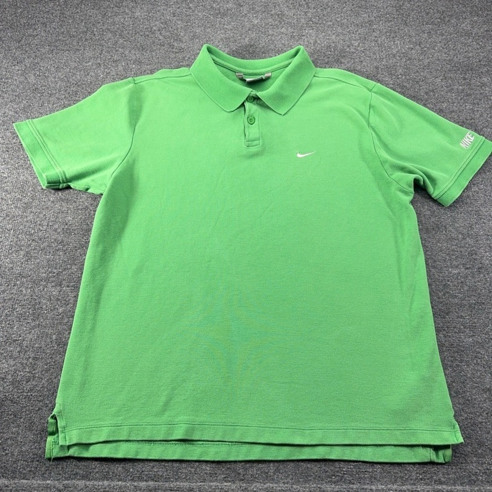 Nike Mens Large Green Pique Cotton Short Sleeve Polo Shirt Swoosh Logo VTG fade